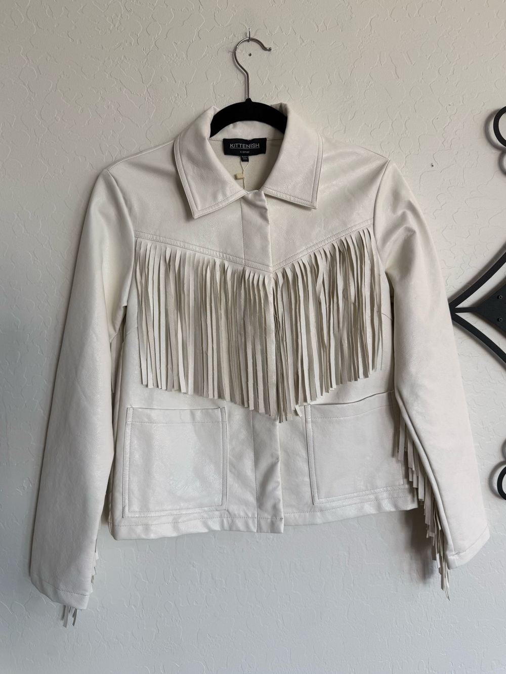 KITTENISH Wild West White Vegan Leather Fringe Jacket XS NWT